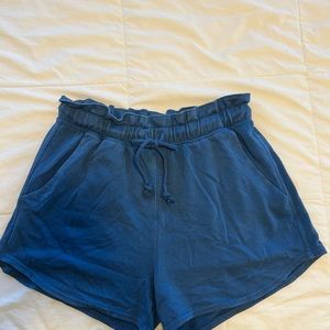 blue shorts with ruffle waistband